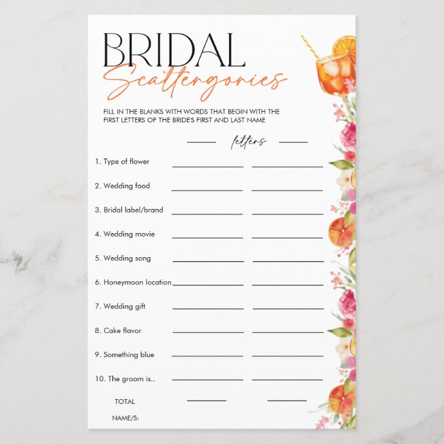 Bridal Scattergories Spritz Bridal Shower Game (Frente)