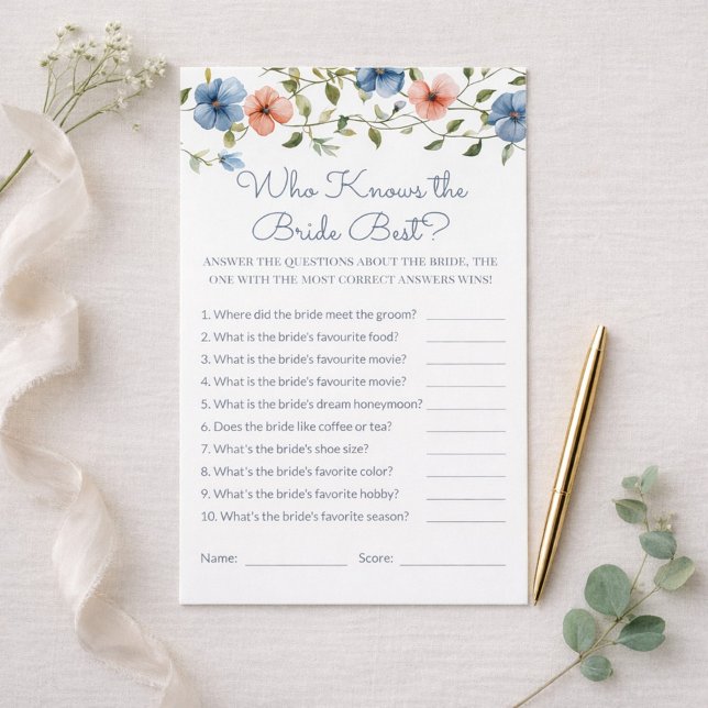 Bridal Shower Blue Floral Who Knows the Bride Game (Criador carregado)