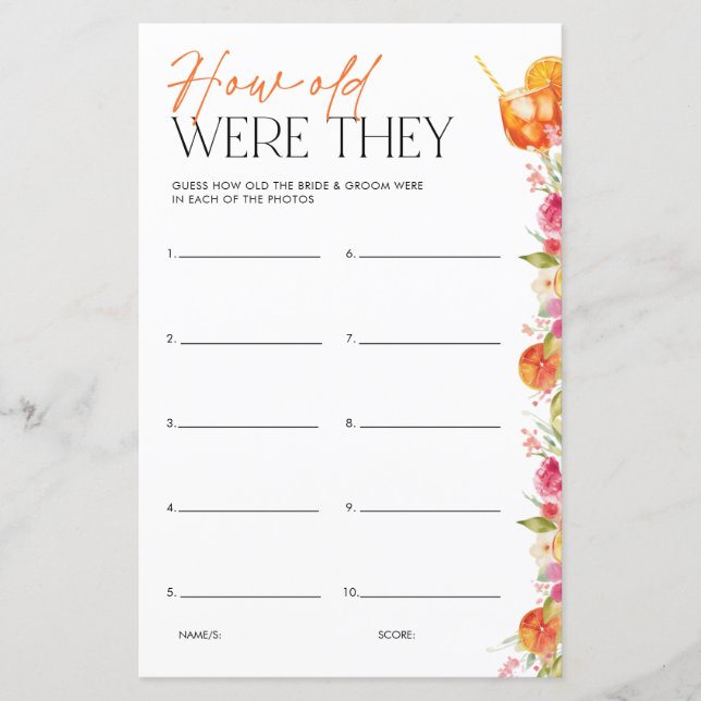 Bridal Shower Game How Old Were They First Spritz (Frente)