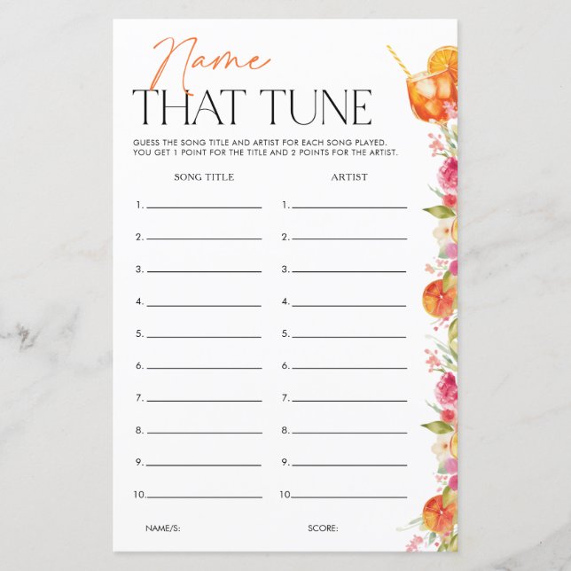 Bridal Shower Game Name That Tune First Spritz (Frente)