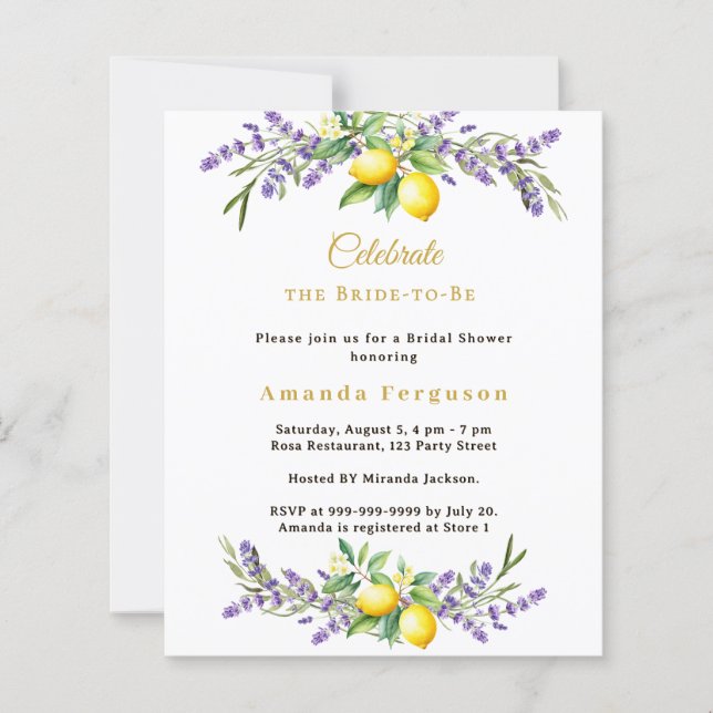 Bridal Shower lavender florals lemons invitation (Frente)