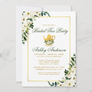Bridal Tea Party Verde Dourado Convite Floral GS