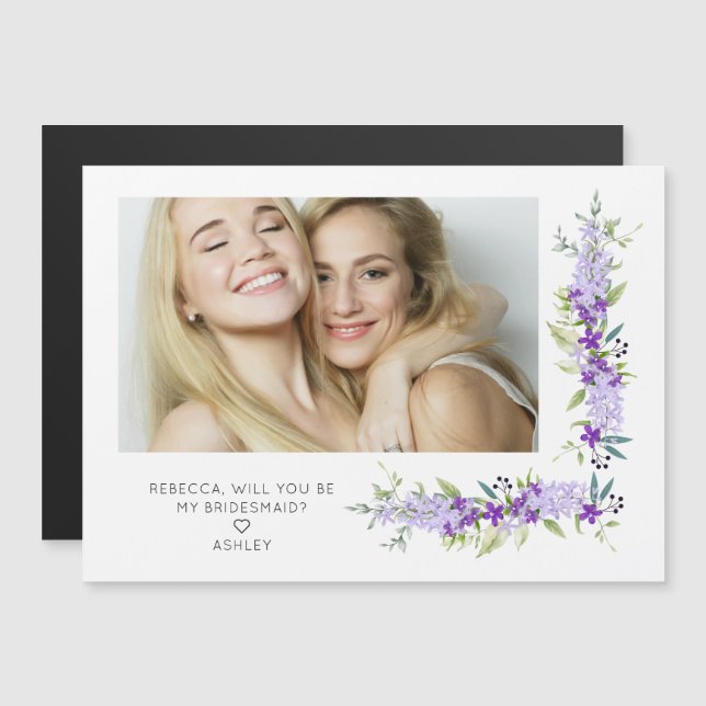 Bridesmaid Proposal Purple Shades Flowers Photo (Frente/Verso)