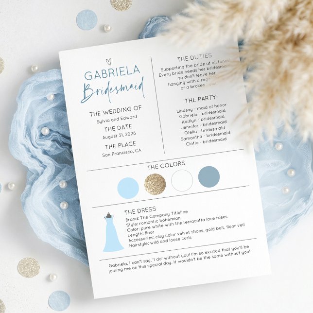 Bridesmaid Proposta e Informação Azul (Dusty Blue Bridesmaid Proposal and Information Card with Wedding Colors Date and Duties)