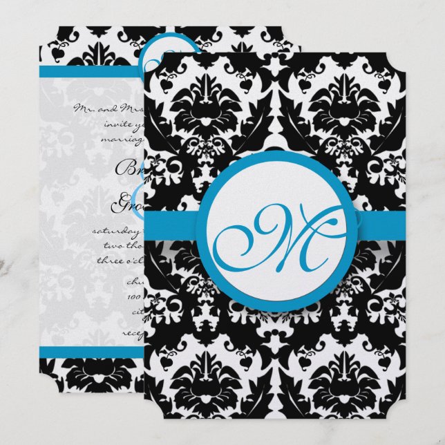 Bright Aqua Damask Heart Swirls Casamento Convite (Frente/Verso)