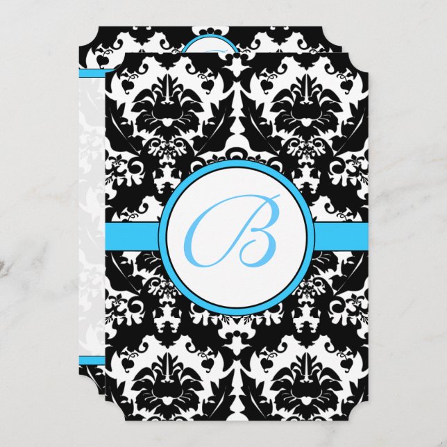 Bright Aqua Damask Heart Swirls Casamento Convite (Frente/Verso)