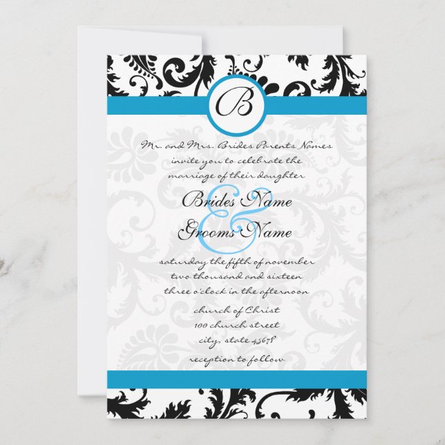 Bright Aqua Damask Swirls Convite de Casamento 5 x (Frente)