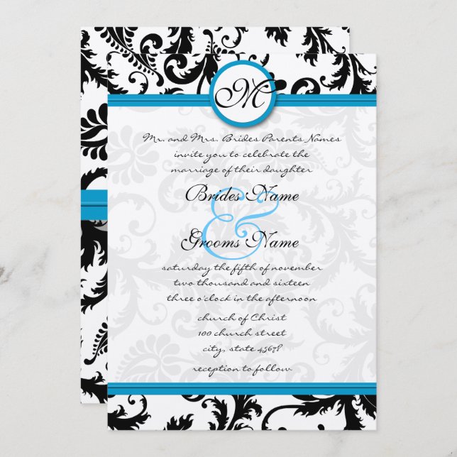 Bright Aqua Damask Swirls Convite de Casamento 5 x (Frente/Verso)