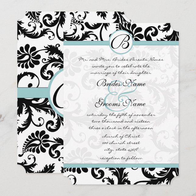 Bright Aqua Damask Swirls Convite de Casamento 5 x (Frente/Verso)