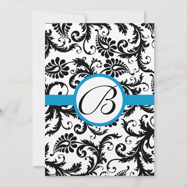 Bright Aqua Damask Swirls Convite de Casamento 5 x (Verso)