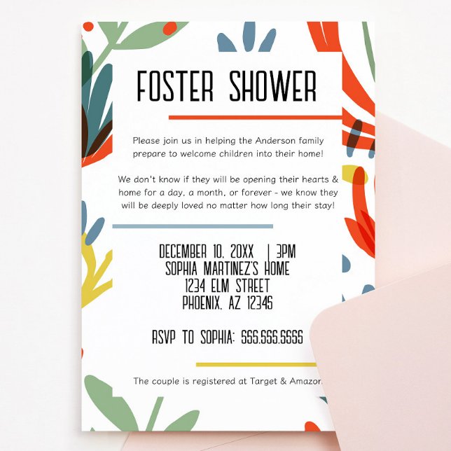 Bright Botanicals Foster Care Chá Convite (bright and colorful botanical floral foster child shower invitation green, yellow, blue, red flowers)
