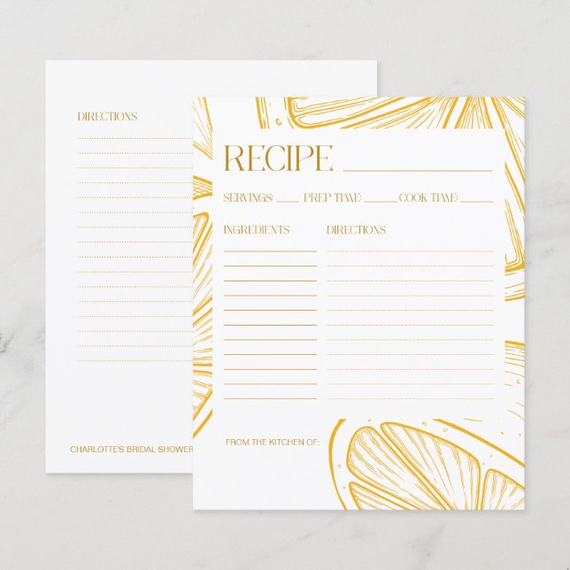 Bright Minimalist Citrus Bridal Shower RECIPE CARD (Frente/Verso)