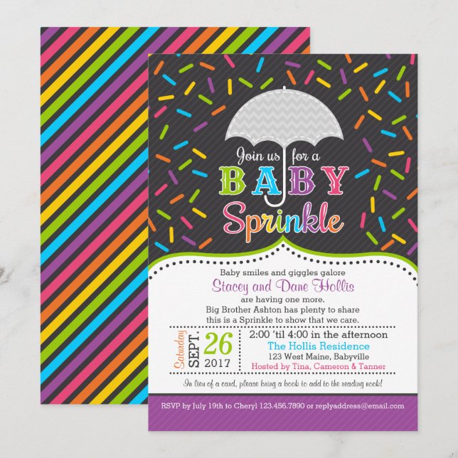 Bright Rainbow Baby Sprinkle Umbrella Convite (Frente/Verso)