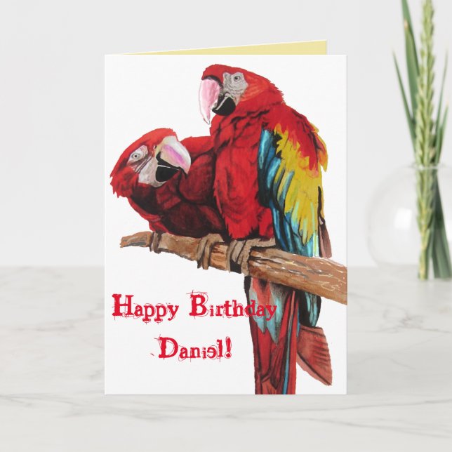 Bright Red Macaw Parrots Watercolor Cartão de Aniv (Frente)