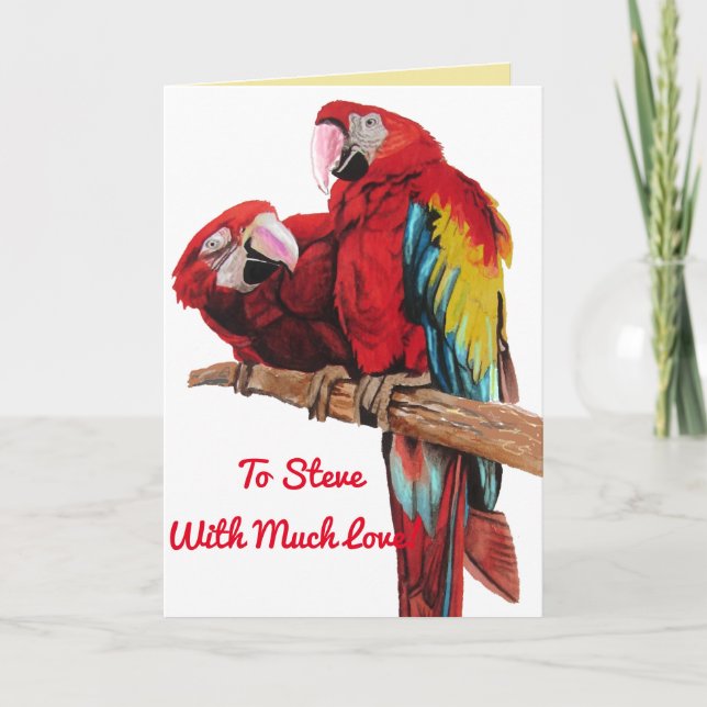 Bright Red Macaw Parrots Watercolor Cartão de Aniv (Frente)