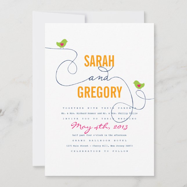 Bright Retro Love Birds Convites De Casamento (Frente)