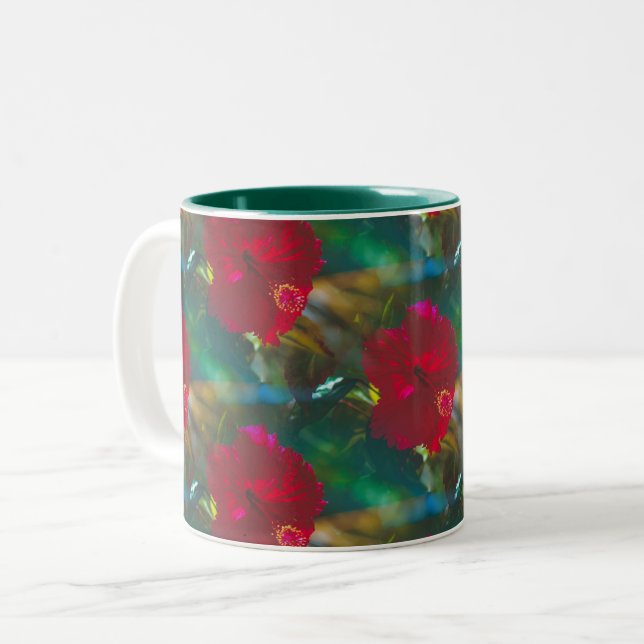 Bright Vibrant Red Tropical Hibiscus duas caneca (Frente Esquerda)