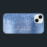 Brilho Azul Personalizado<br><div class="desc">Capas de iphone elegante e giro personalizada com brilho azul esmaecido sobre fundo metálico azul esfregado. Personalize com seu nome em um roteiro branco de tendência de na moda com baloiços.</div>