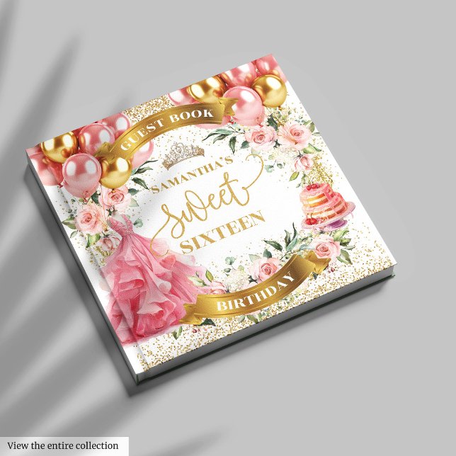 Brilho Cor-de-Rosa 16 Livro de Convidados Dourado  (Blush Pink Sweet 16 Guest Book Gold Glitter)