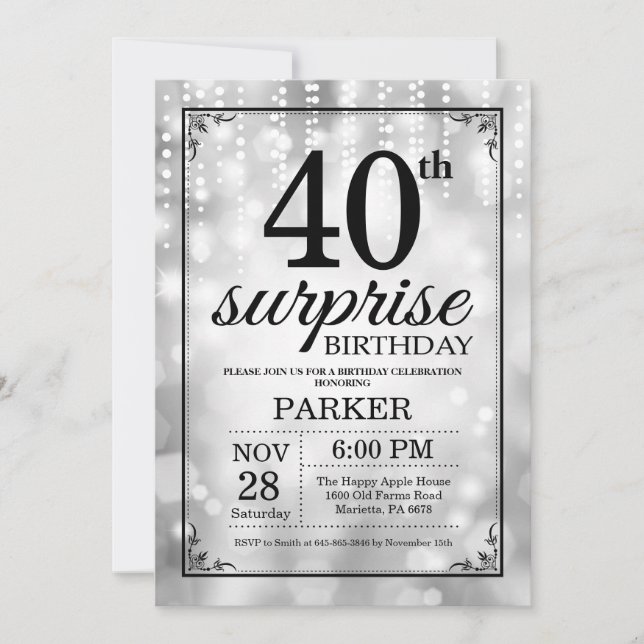 Brilho da prata do convite do aniversário de 40 (Frente)