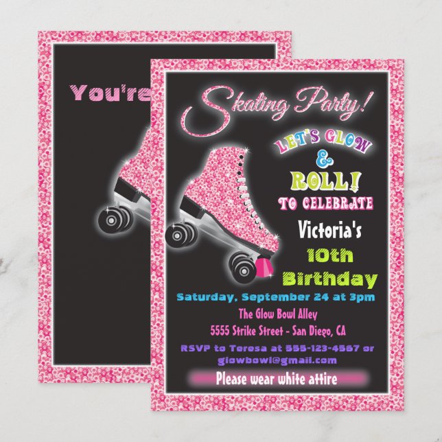 Brilho nos convites de festas de patinação do rolo (Frente/Verso)