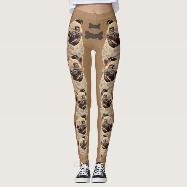 Brincadeiras e Pastel Funky Pug Dog Leggings (Frente)