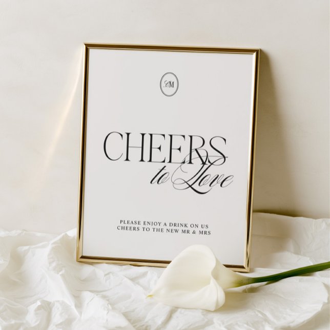 Brinde ao Amor Sinal de Casamento Preto e Branco S (Cheers to Love Black & Soft White Wedding Sign)