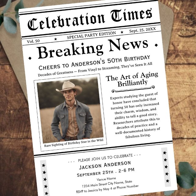 Brindemos aos 50! Convite de Aniversário de Jornal (Criador carregado)
