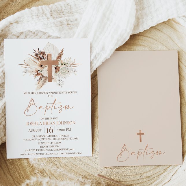 Brown Beige Boho Floral Convite Para Batismo (Modern bohemian floral gender neutral baptism invitation also featuring a modern calligraphy font.)