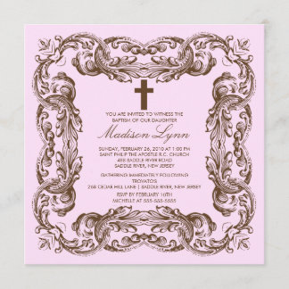 Brown & convite cor-de-rosa do baptismo do quadro