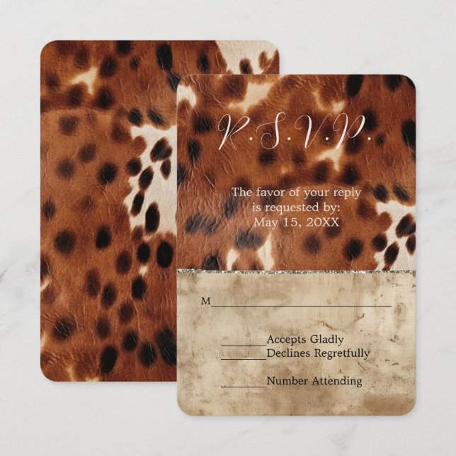 Brown Cream Southwest Cowhide Weding RSVP (Frente/Verso)