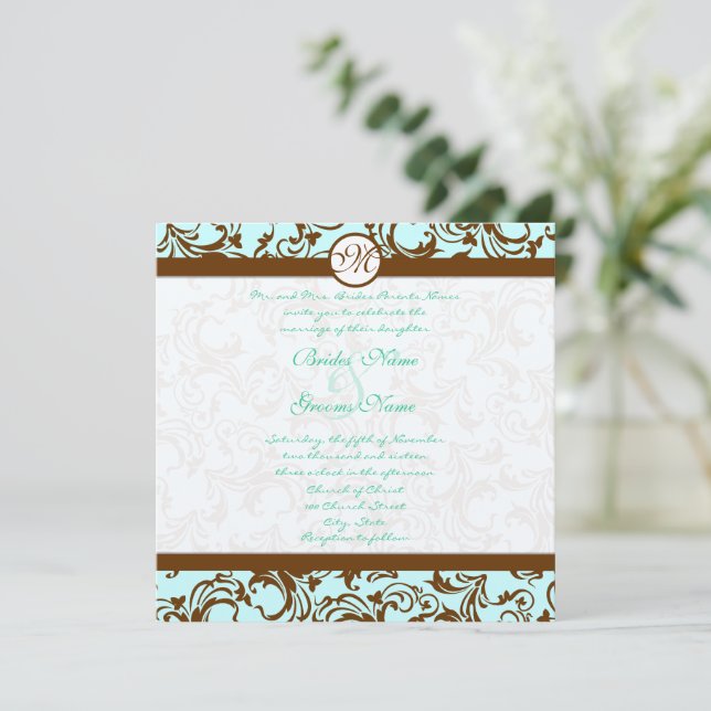 Brown Damask Light Aqua Blue Casation Convite (Em pé/Frente)
