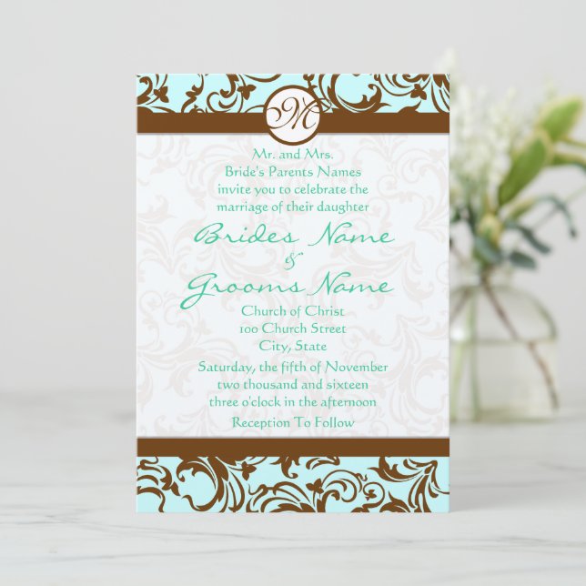 Brown Damask Light Aqua Blue Casation Convite (Em pé/Frente)