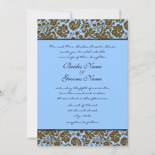 Brown Damask Sobre Convite Azul Para Casamento (Frente)