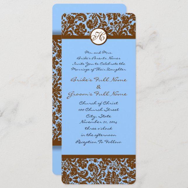Brown Damask Sobre Convite Azul Para Casamento (Frente/Verso)