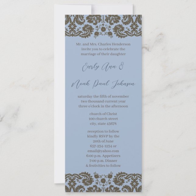 Brown Damask Sobre O Convite Para Casamento Azul D (Frente)