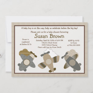 Brown Gingham Airplanes - Convite para Chá de fra