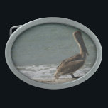 Brown Pelican na praia<br><div class="desc">Foto de um pelicano marrom apreciando a água e a areia na praia em um dia ensolarado em uma fivela de cinto</div>