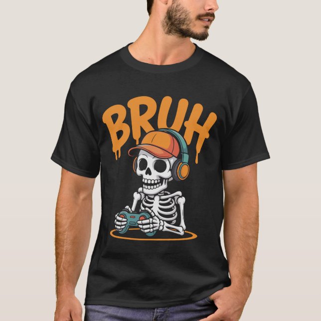 Bruh Skeleton Gamer Halloween T-Shirt - Vídeo Engr (Frente)