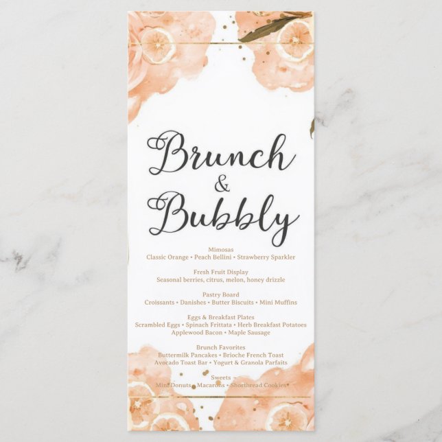 Brunch & Bubbly Menu Card – Peach Watercolor (Frente)