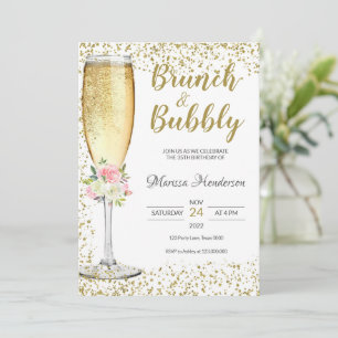 Brunch e Bubble, Convite Floral Rosa de Aniversári