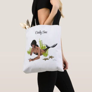 Brunette Mermaid com Starfish Tote Bag
