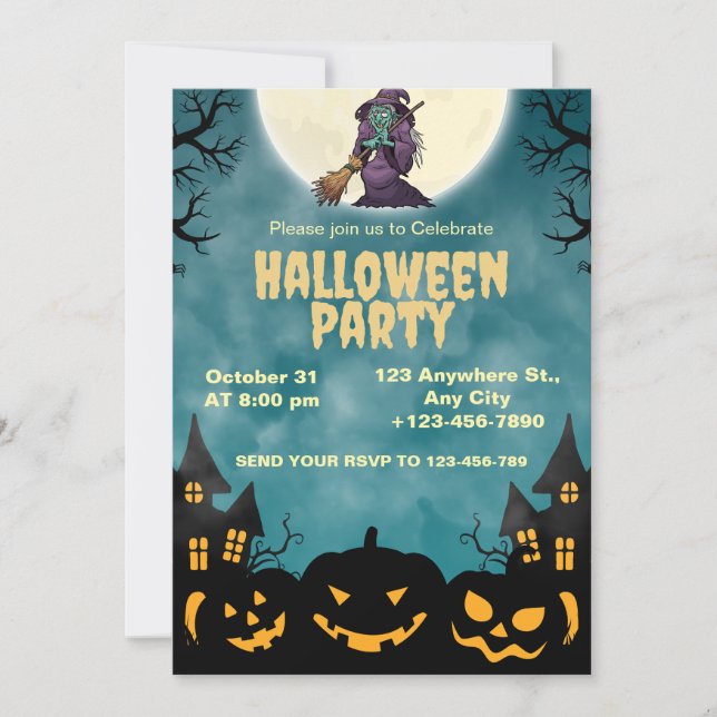 Bruxa & Abóboras Convite para Festa de Halloween (Frente)