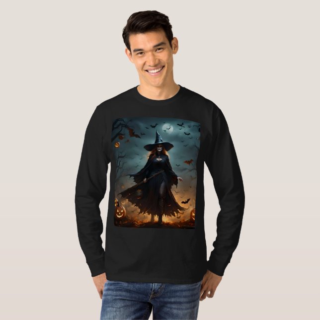 Bruxa Assustadora do Halloween, camiseta de longa  (Frente Completa)