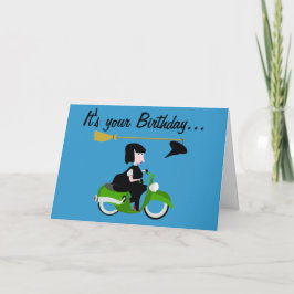 Bruxa com cartão de aniversário de bicicleta motor