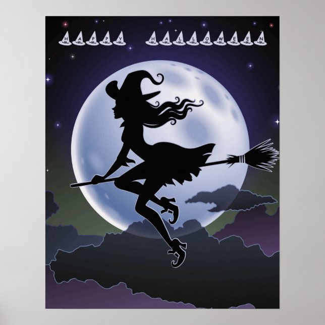 Bruxa de Halloween em uma vassoura com Poster de M (Frente)