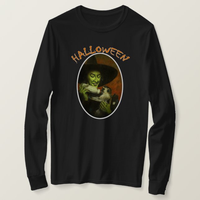 Bruxa Malvada Halloween E T-shirt Do Macaco Voador (Frente do Design)