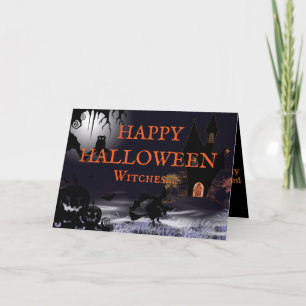 Bruxa Voadora e Castelo Feliz Cartão de Halloween