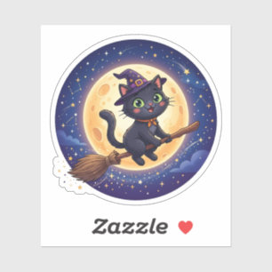 Bruxa Voadora Fofa Adesivo de Gato Preto Lua Hallo