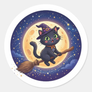 Bruxa Voadora Fofa Adesivo de Gato Preto Lua Hallo